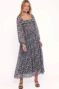 Black floral long sleeve maxi dress with a square neckline