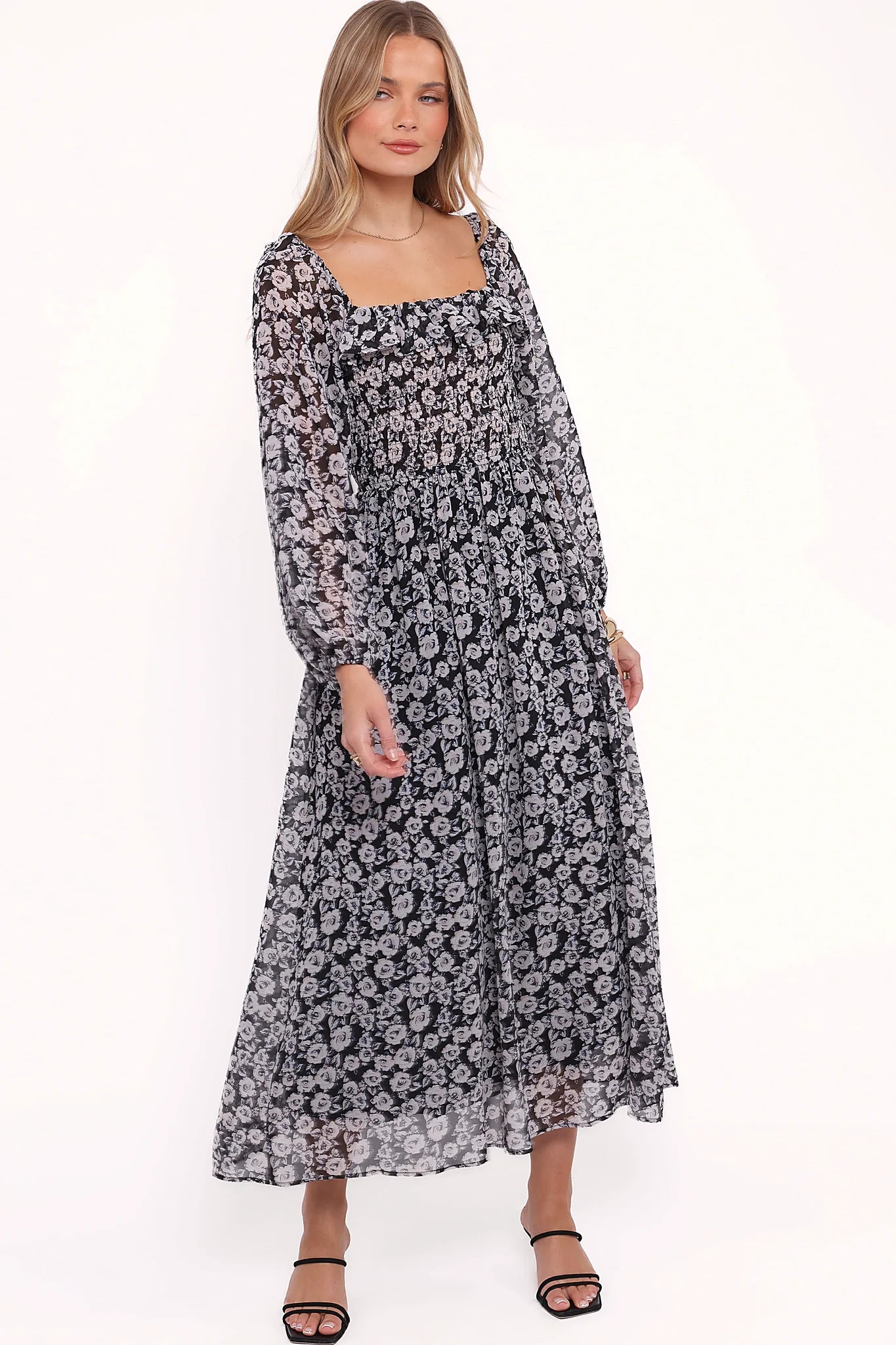 Black floral long sleeve maxi dress with a square neckline