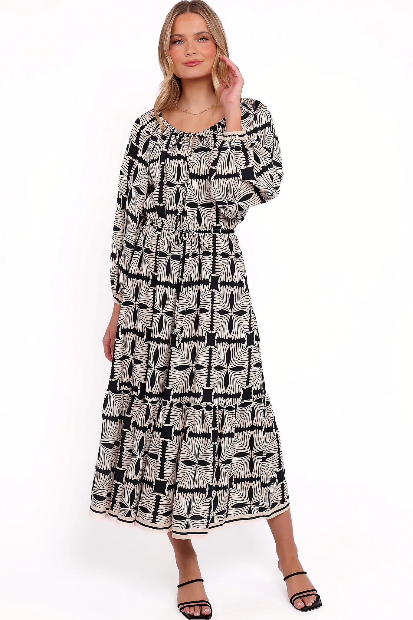 Black geo print off shoulder midi dress with a straight neckline