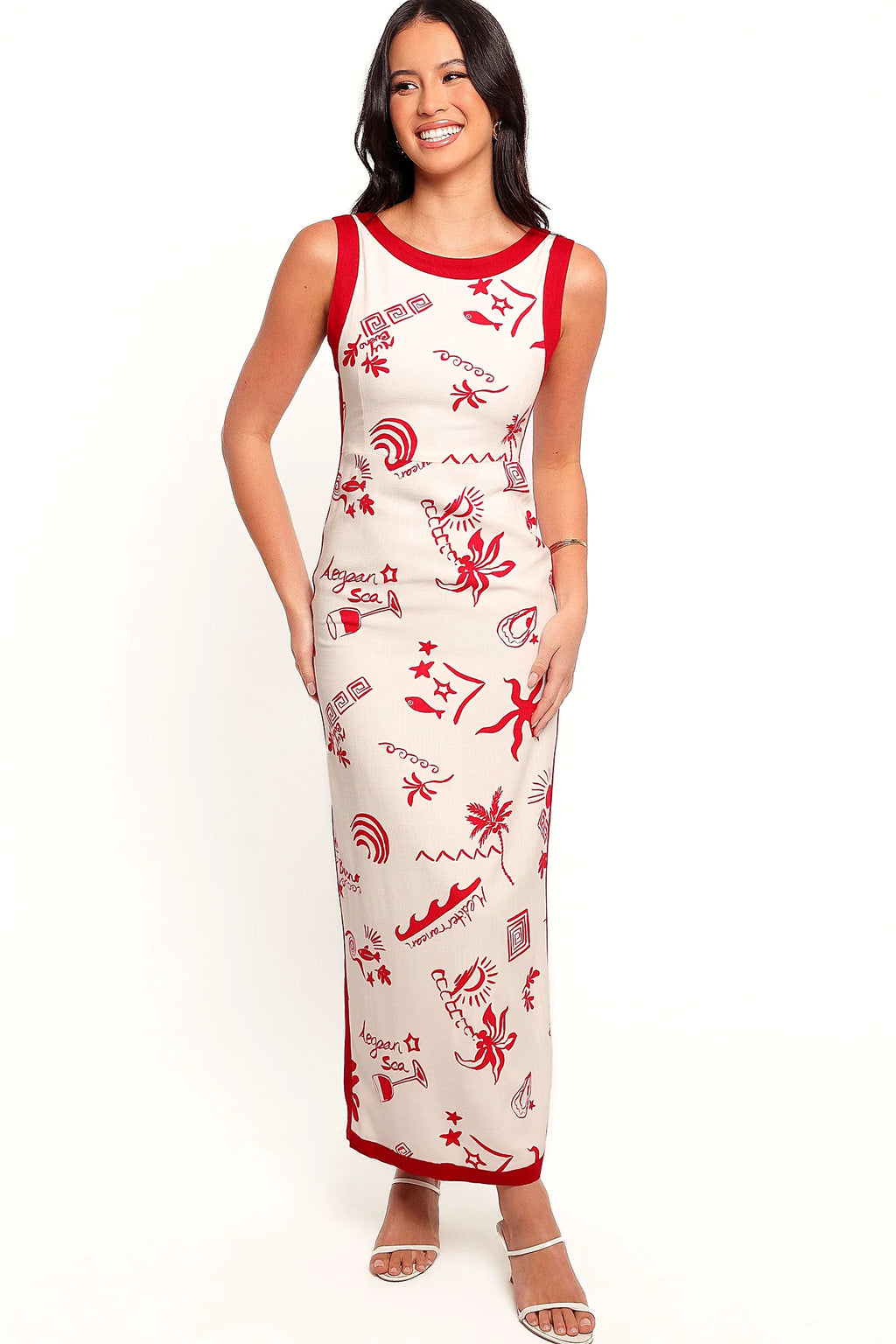 Cut away V back on a red linen maxi dress