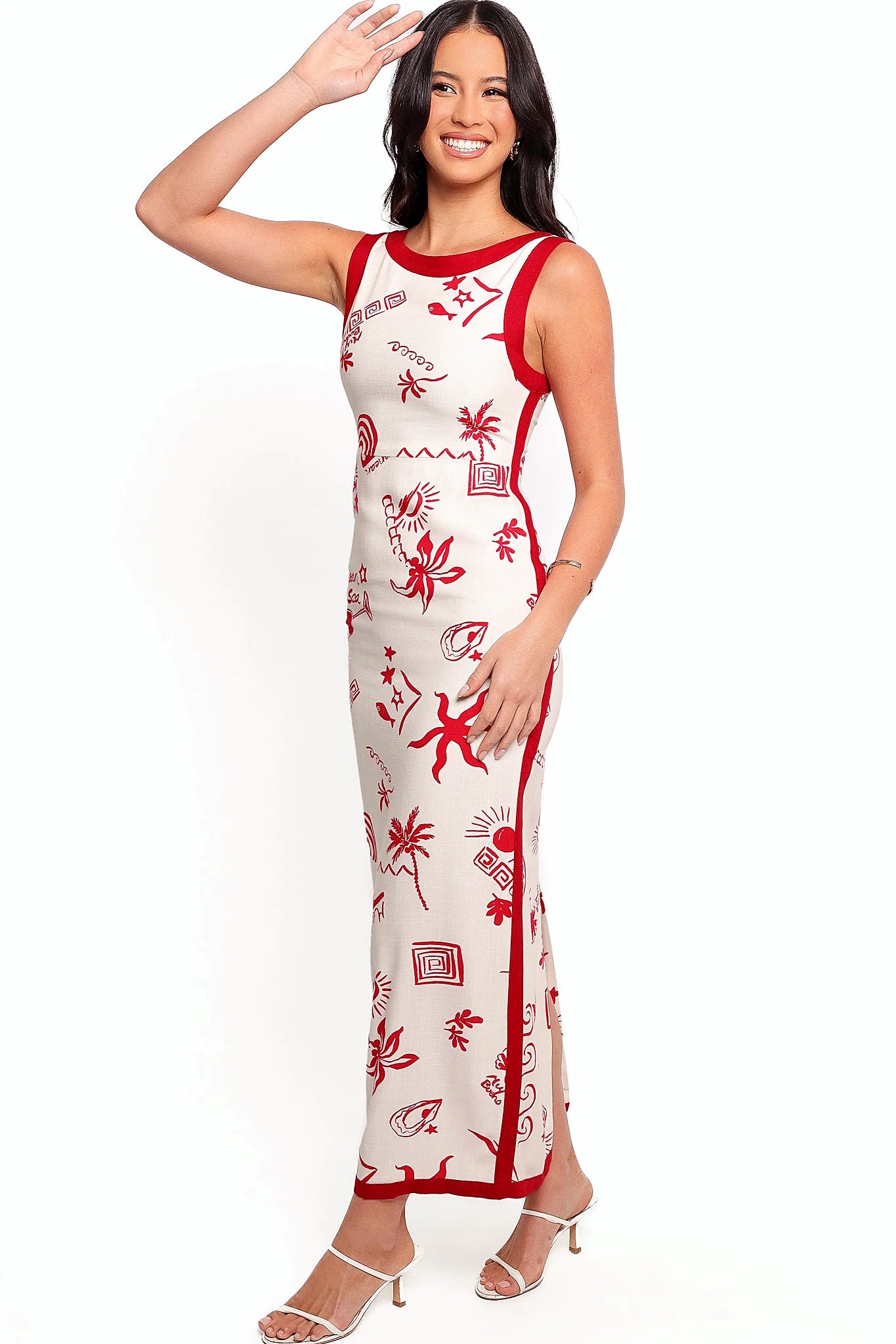 Full length view of a red linen maxi dress