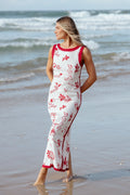 Red linen maxi dress with a high round neckline and fixed straps