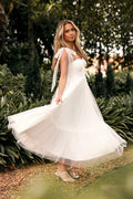 Off white polka dot tulle midi dress with a sweetheart neckline