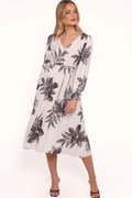 Black and white floral midi dress with a V overlay neckline