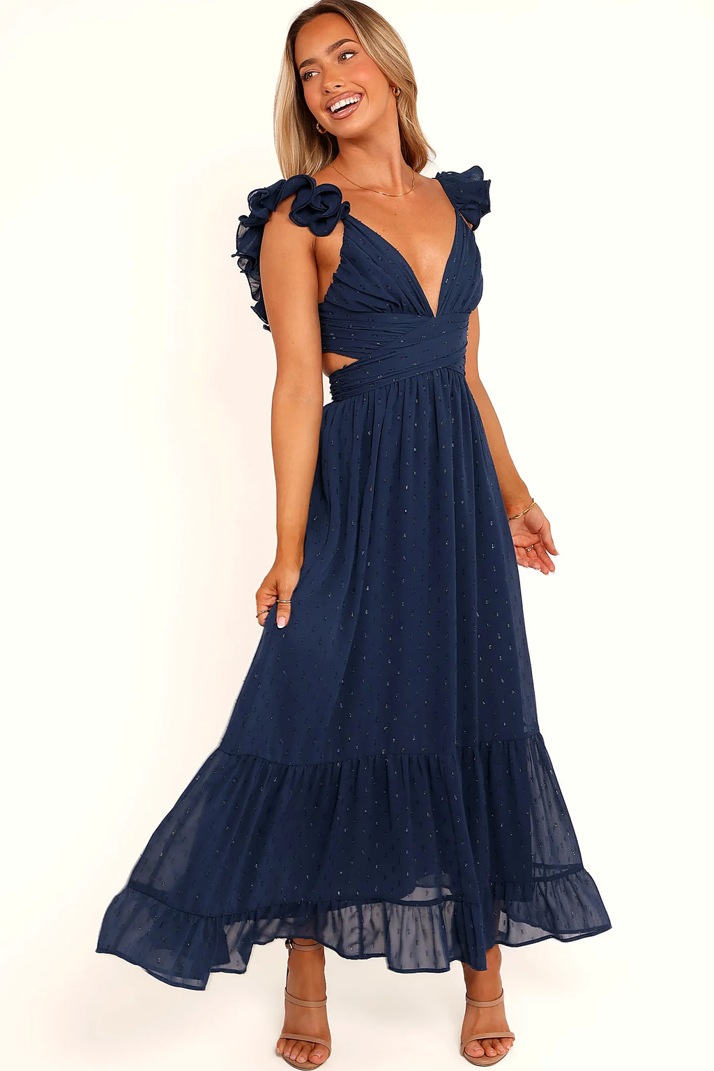 Back cut out with corset tie close on a navy maxi dress