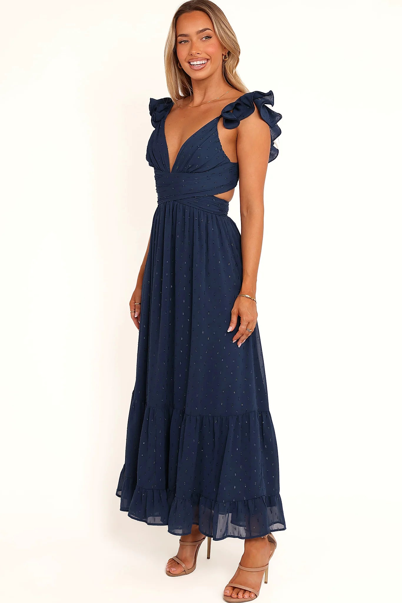 Full length view of a navy embroidered maxi dress