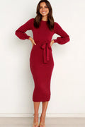 Wine ribbed knit bodycon maxi dress with a high round neckline