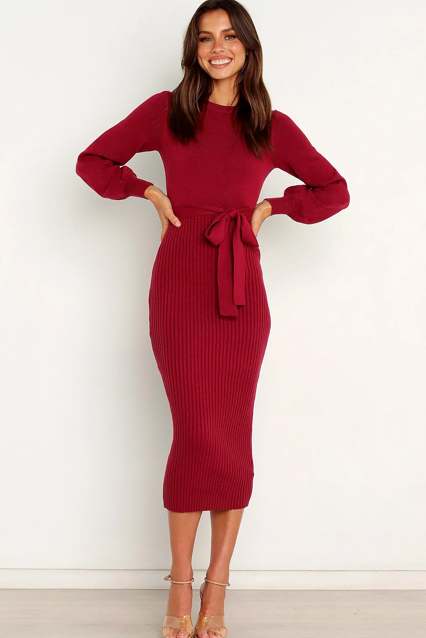 Wine ribbed knit bodycon maxi dress with a high round neckline