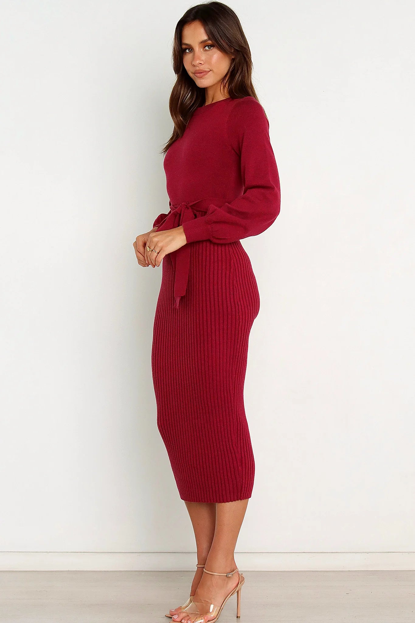 Full length view of a wine ribbed knit maxi dress