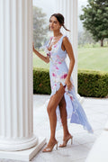 Floral print maxi dress with a V neckline and button front opening