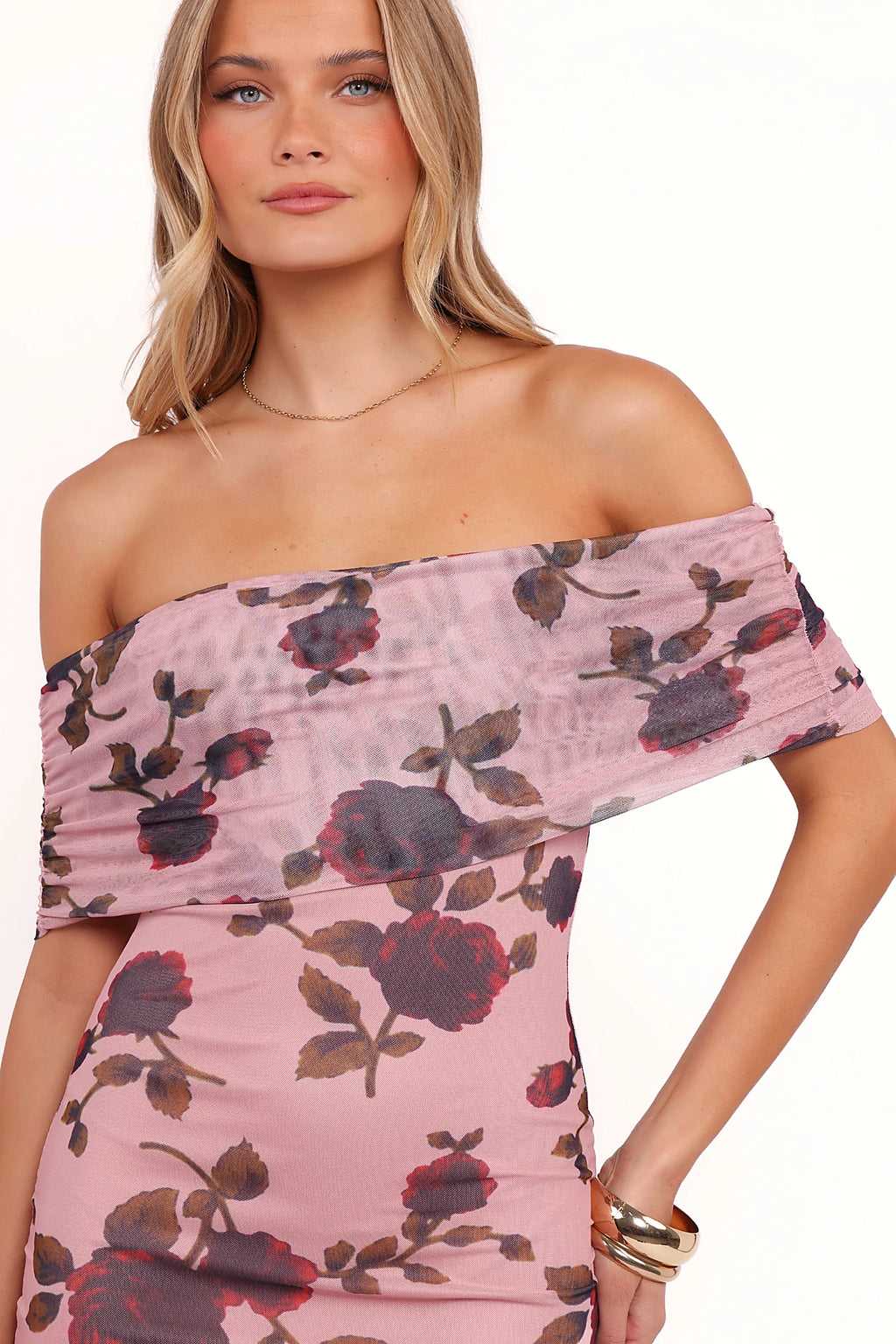 Mesh overlay over a rose floral print maxi dress