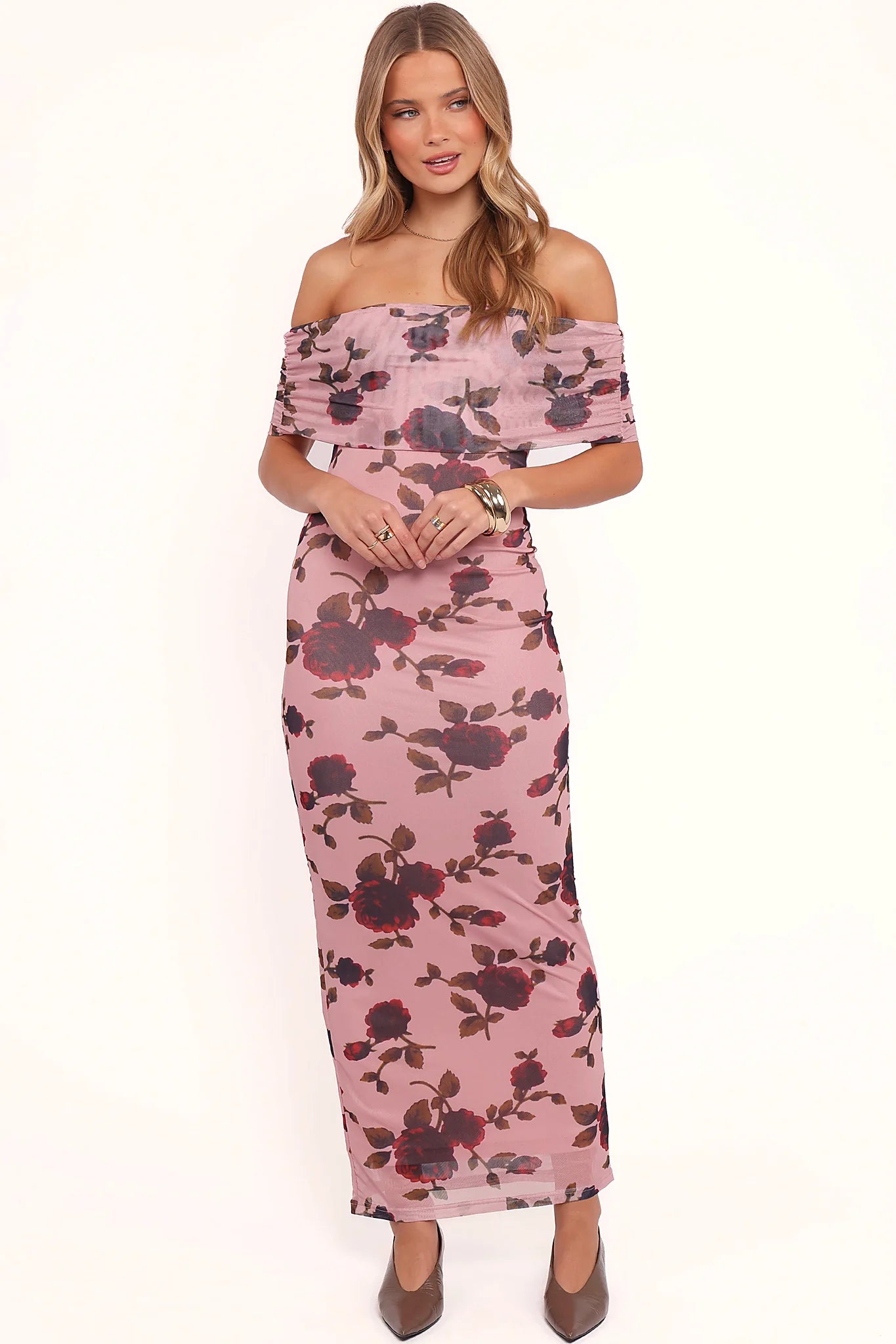 Pink rose floral off shoulder maxi dress with a straight neckline