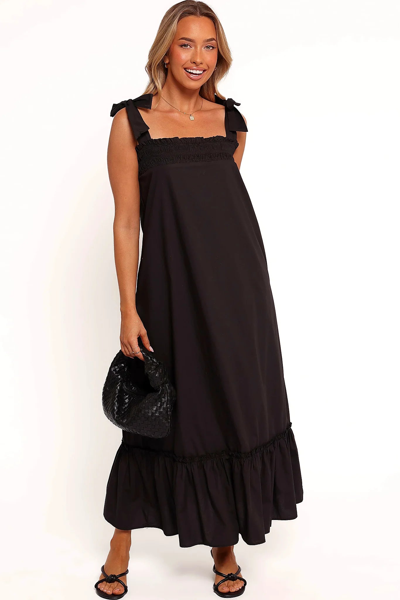 Black cotton maxi dress with a square elasticised neckline