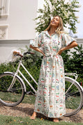 Flower Market print maxi dress with a spread collar and V neckline
