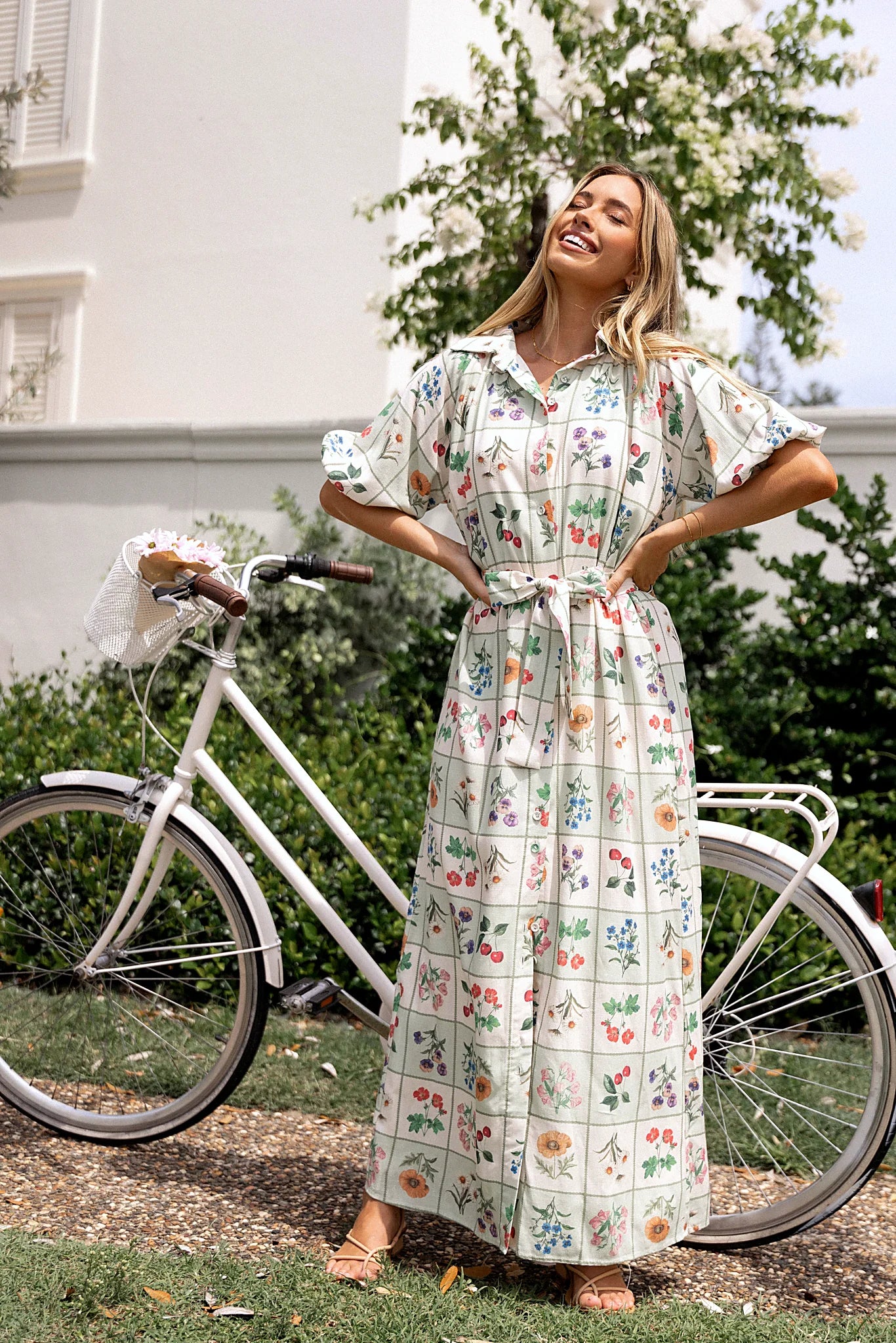 Flower Market print maxi dress with a spread collar and V neckline
