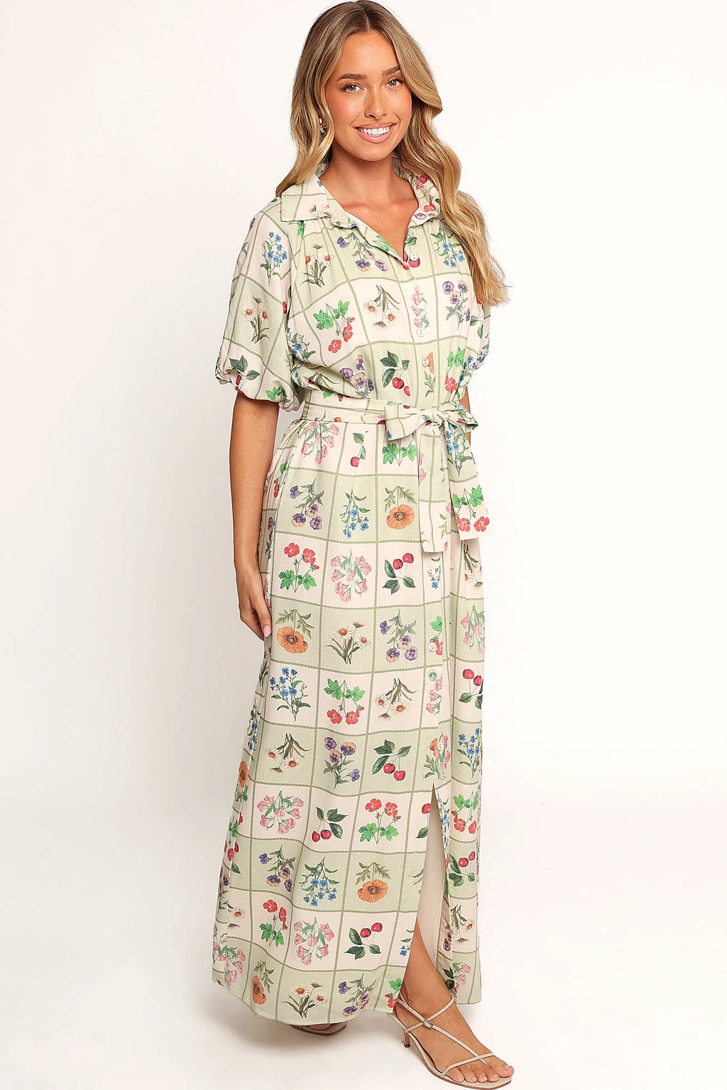 Detachable belt through belt loops on a floral maxi dress
