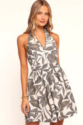 Vineyard green floral halter neck mini dress with a tie close