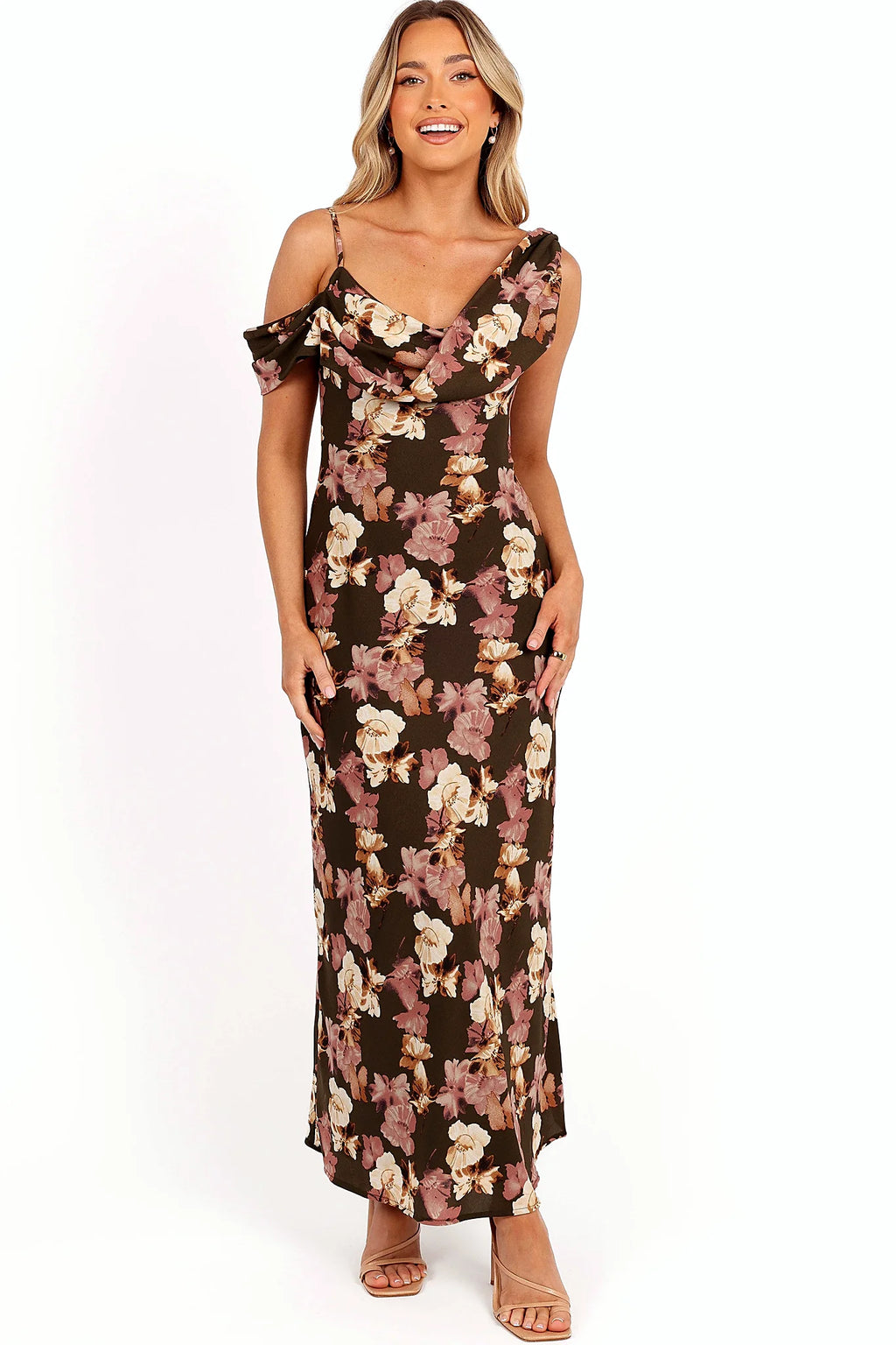 Short sleeve detail on a one shoulder satin midi dress