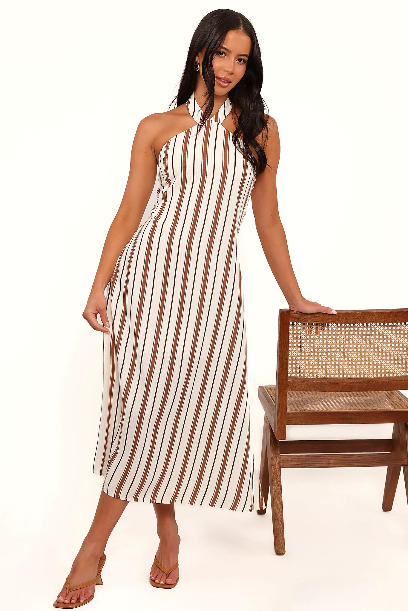 Brown stripe halter neck midi dress with a button close