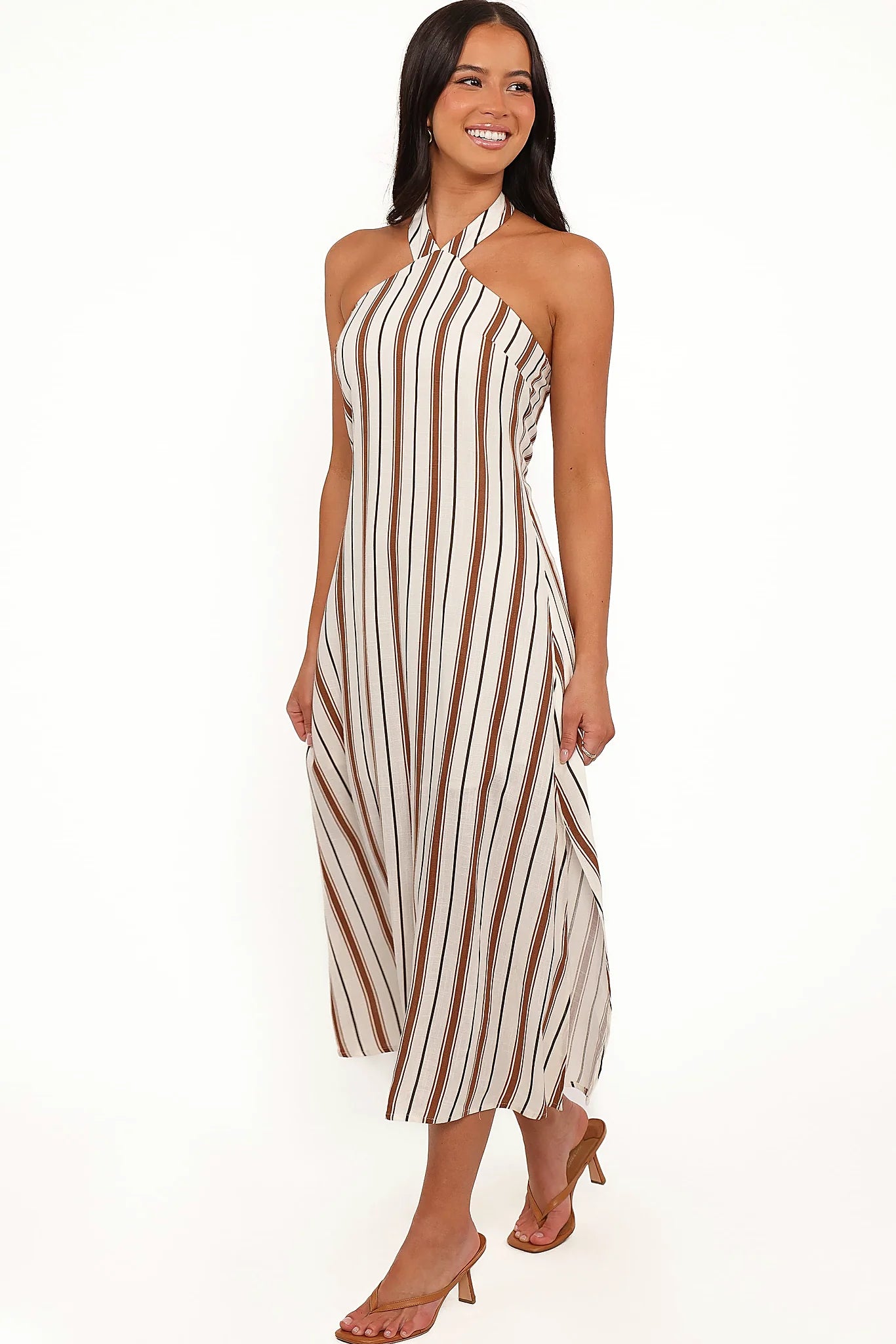 Full length view of a brown stripe halter midi dress