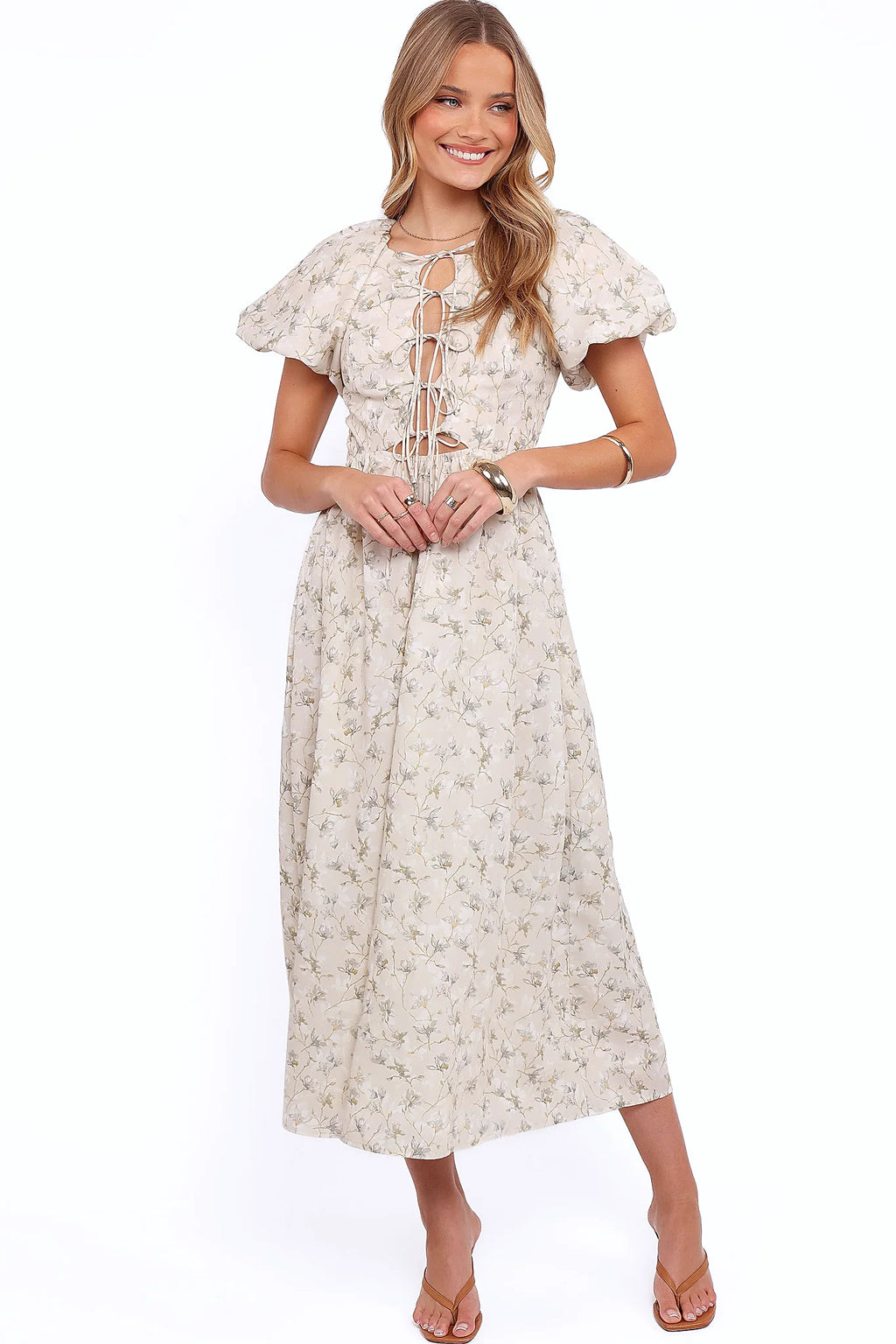 Light beige and green floral maxi dress with a round neckline