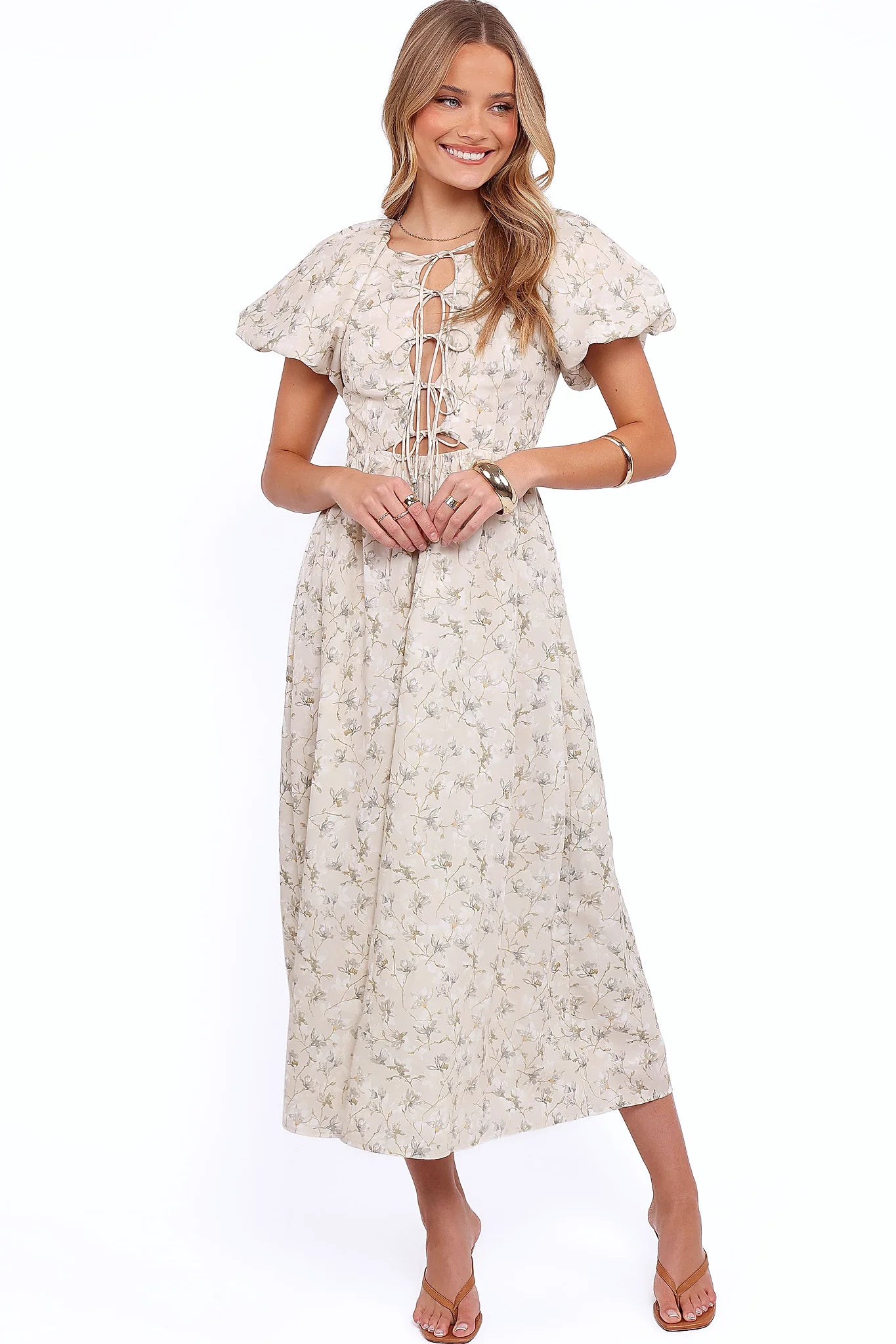 Light beige and green floral maxi dress with a round neckline
