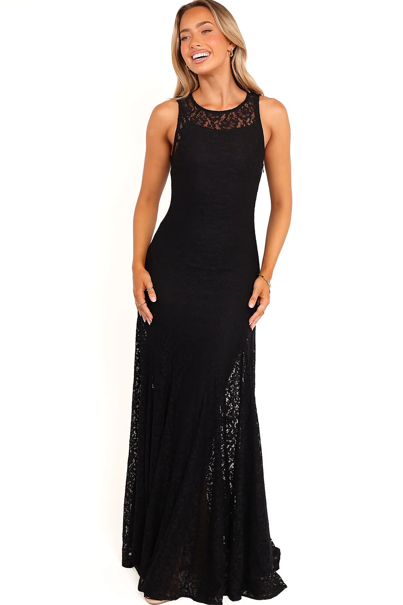Back neck tie closure on a black lace maxi dress