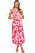 Butterfly print strapless midi dress with a straight neckline
