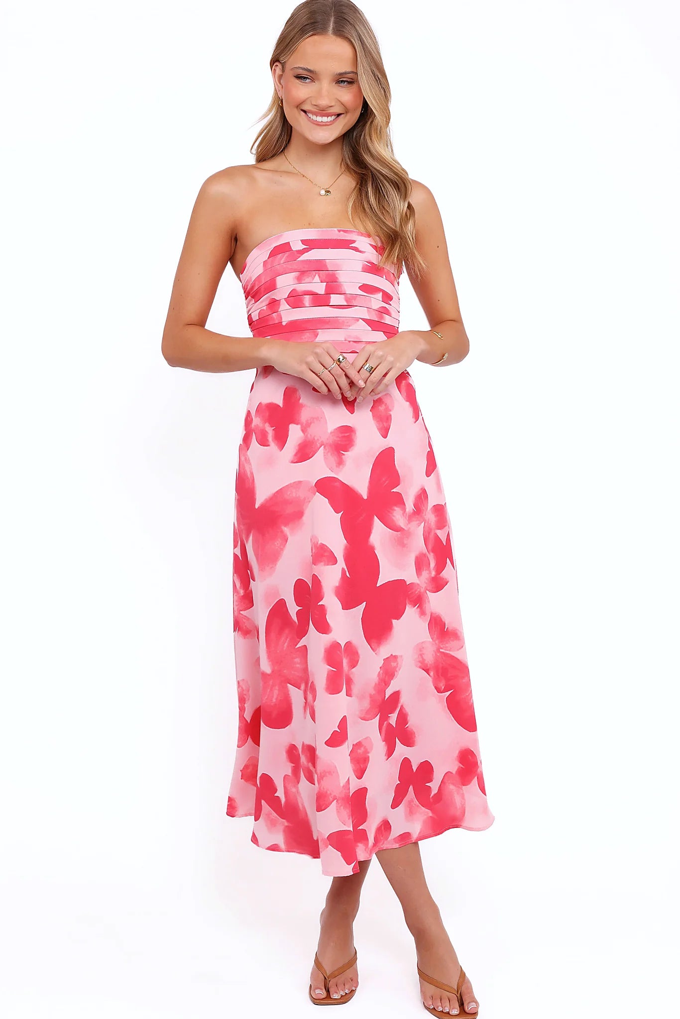 Butterfly print strapless midi dress with a straight neckline