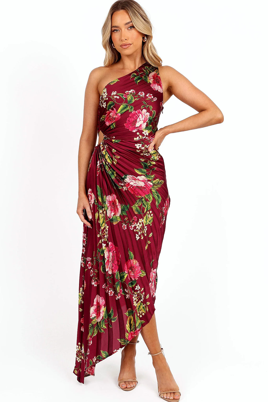 Pleated fabric detail on a floral satin maxi dress