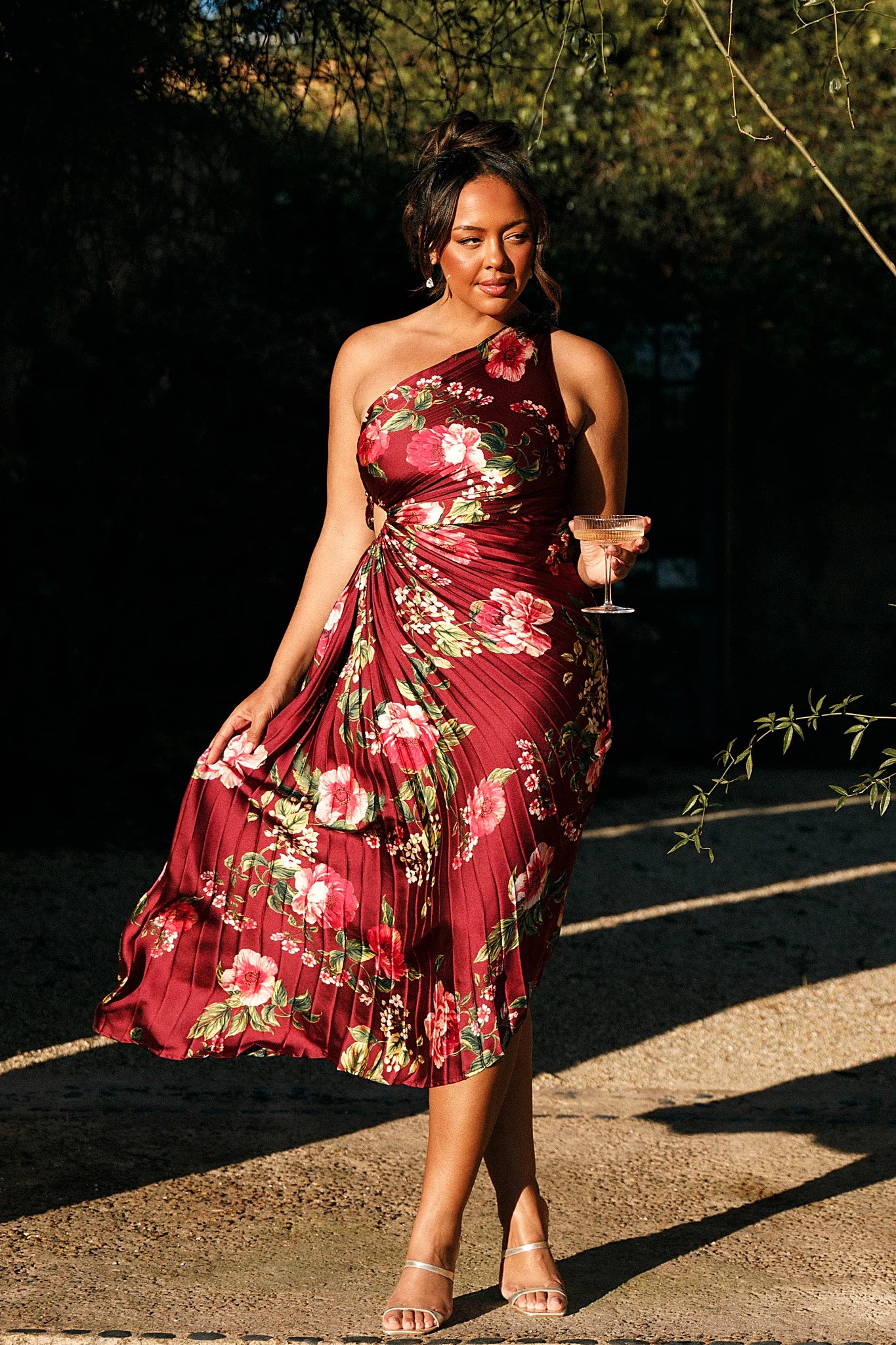 Burgundy floral one shoulder maxi dress in satin