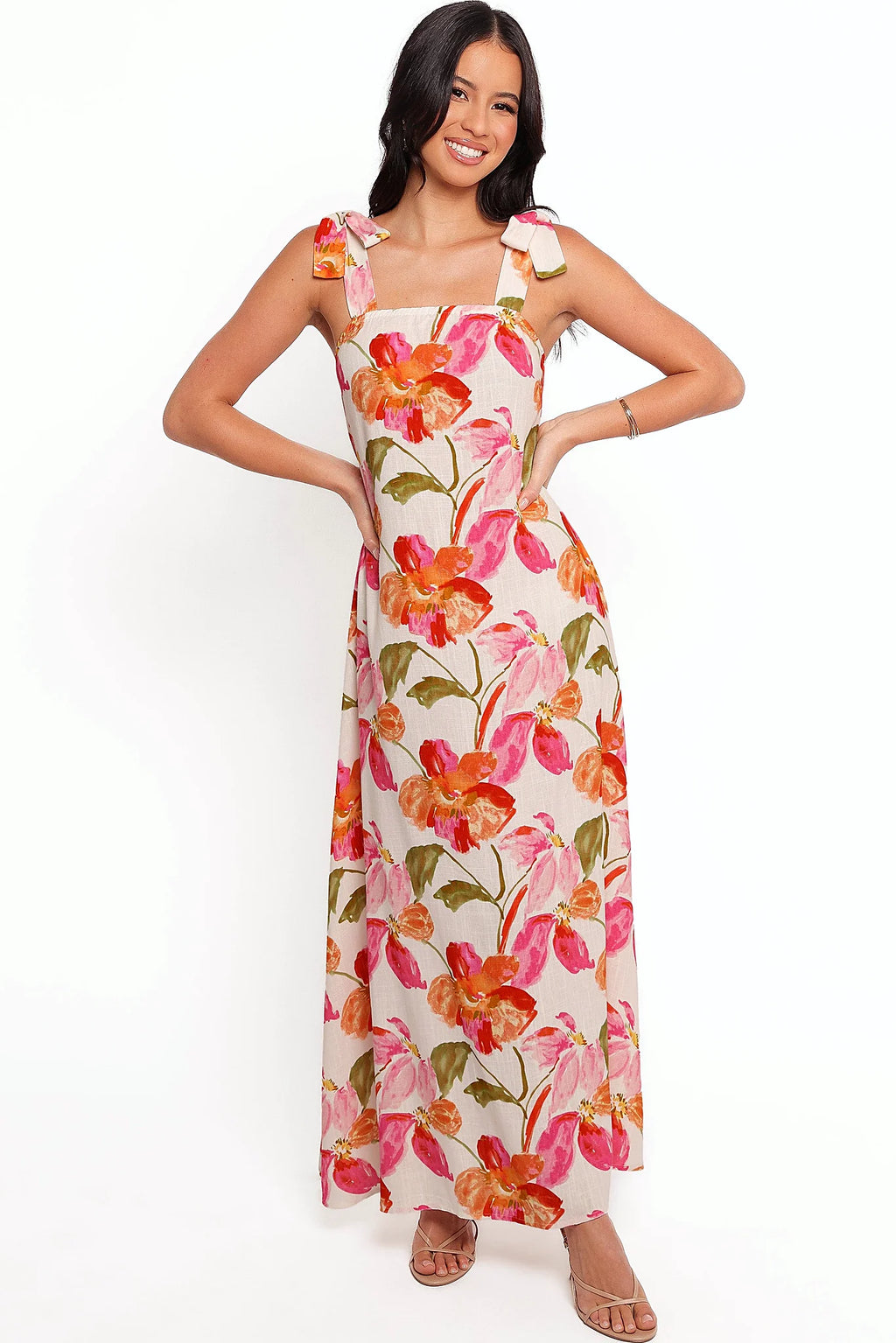 Sleeveless floral maxi dress shown from the back