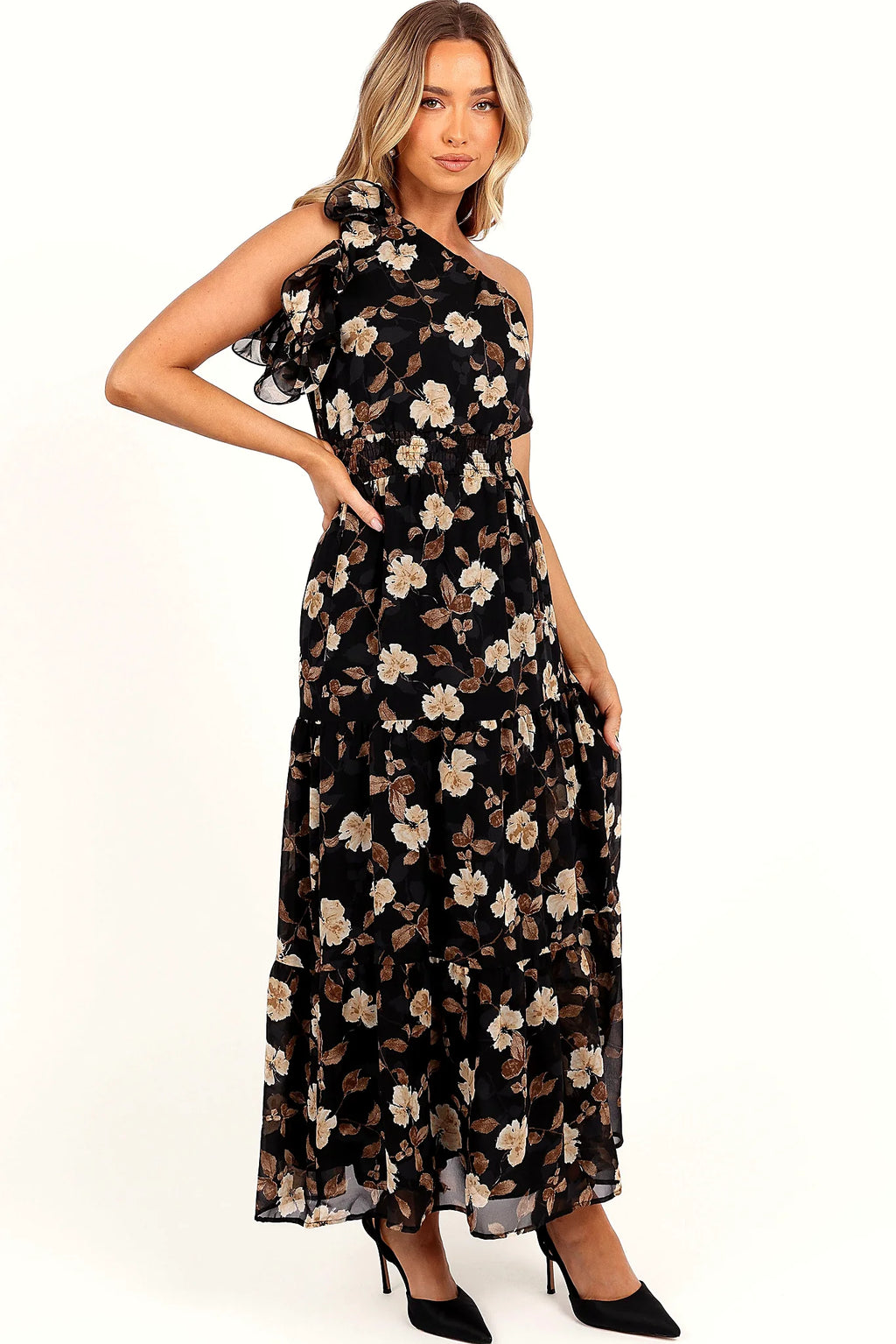 Layley One Shoulder Maxi Dress - Black Floral