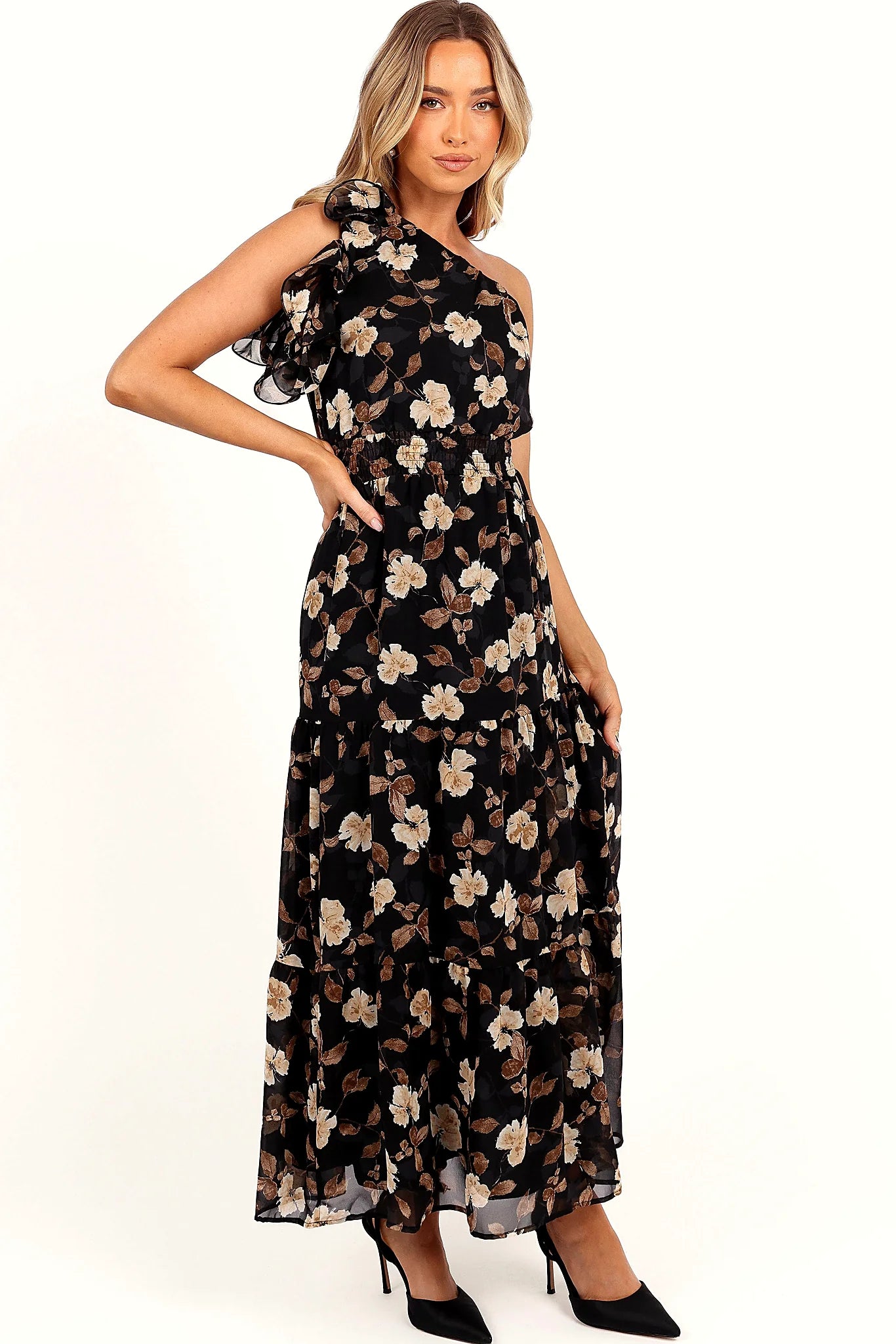 Layley One Shoulder Maxi Dress - Black Floral
