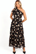 Black floral one shoulder maxi dress with an asymmetric neckline