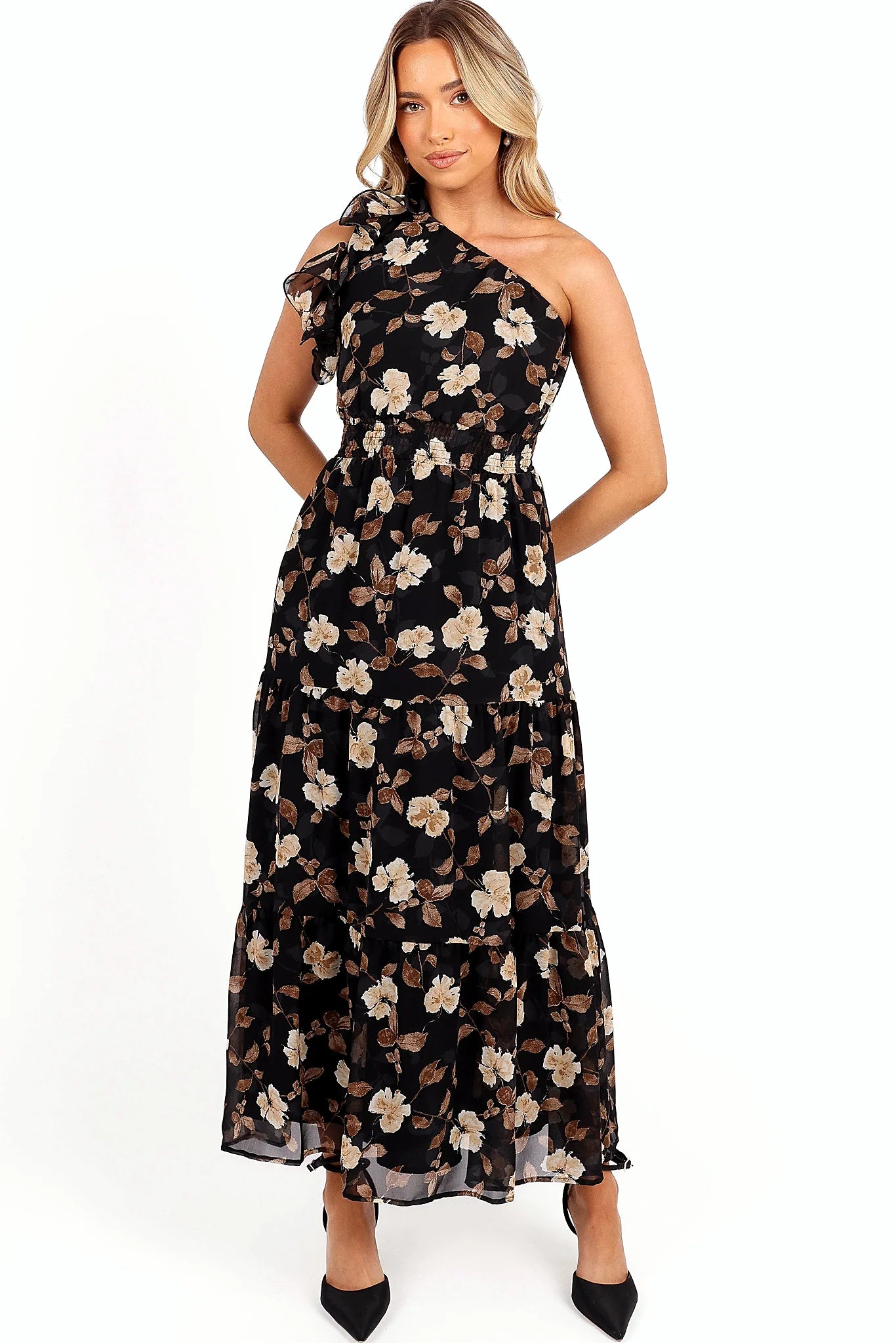 Black floral one shoulder maxi dress with an asymmetric neckline