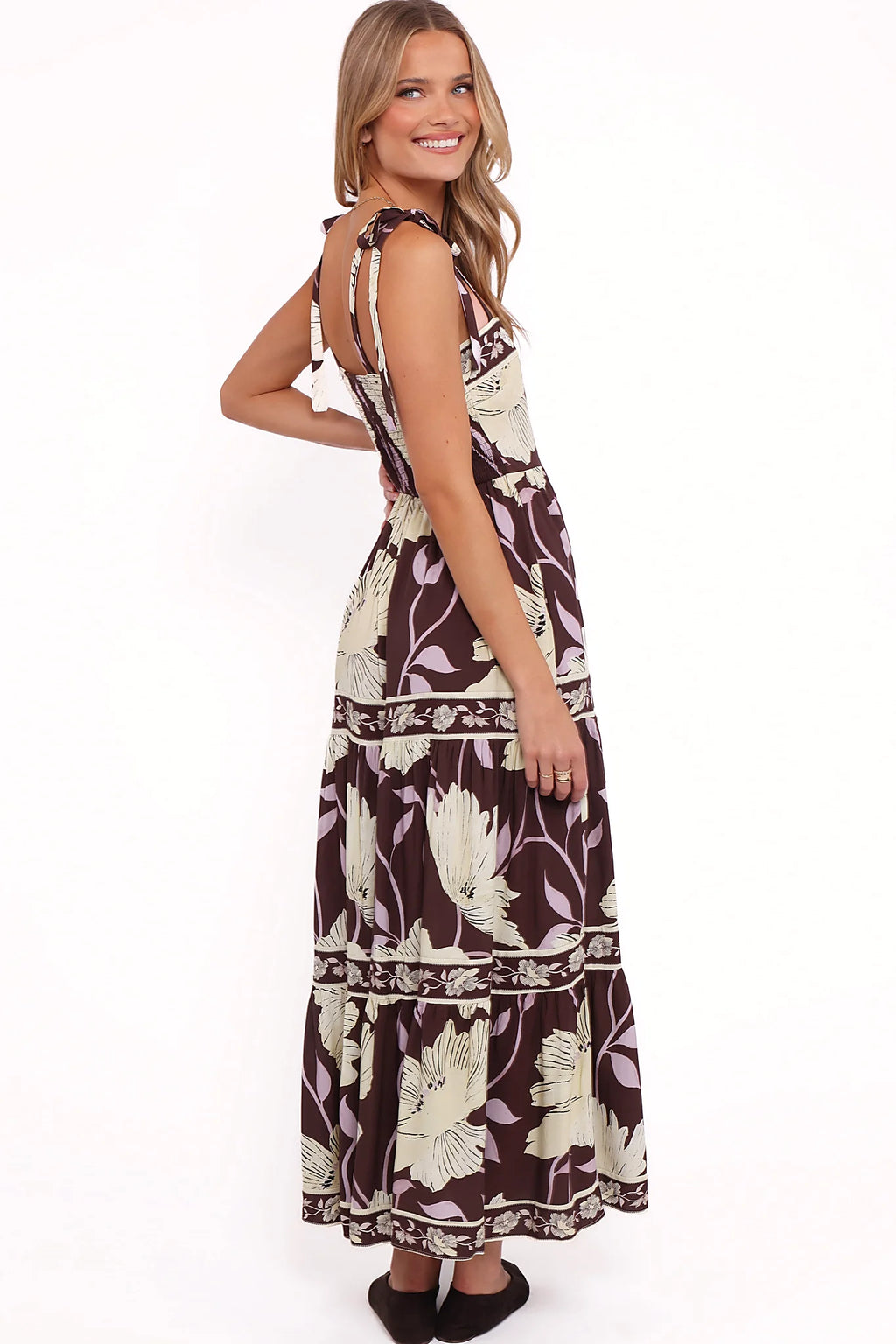 Full length view of a yellow brown floral pull on maxi dress