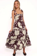 Yellow and brown floral maxi dress with a square neckline