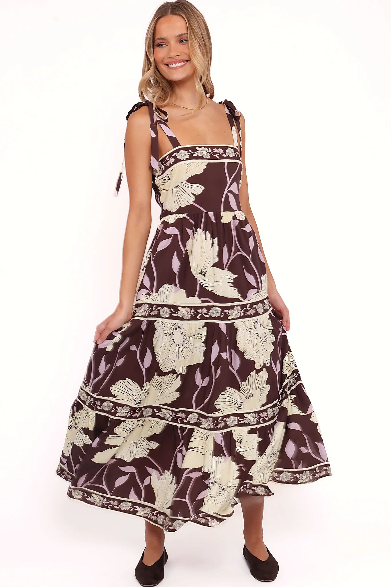 Yellow and brown floral maxi dress with a square neckline
