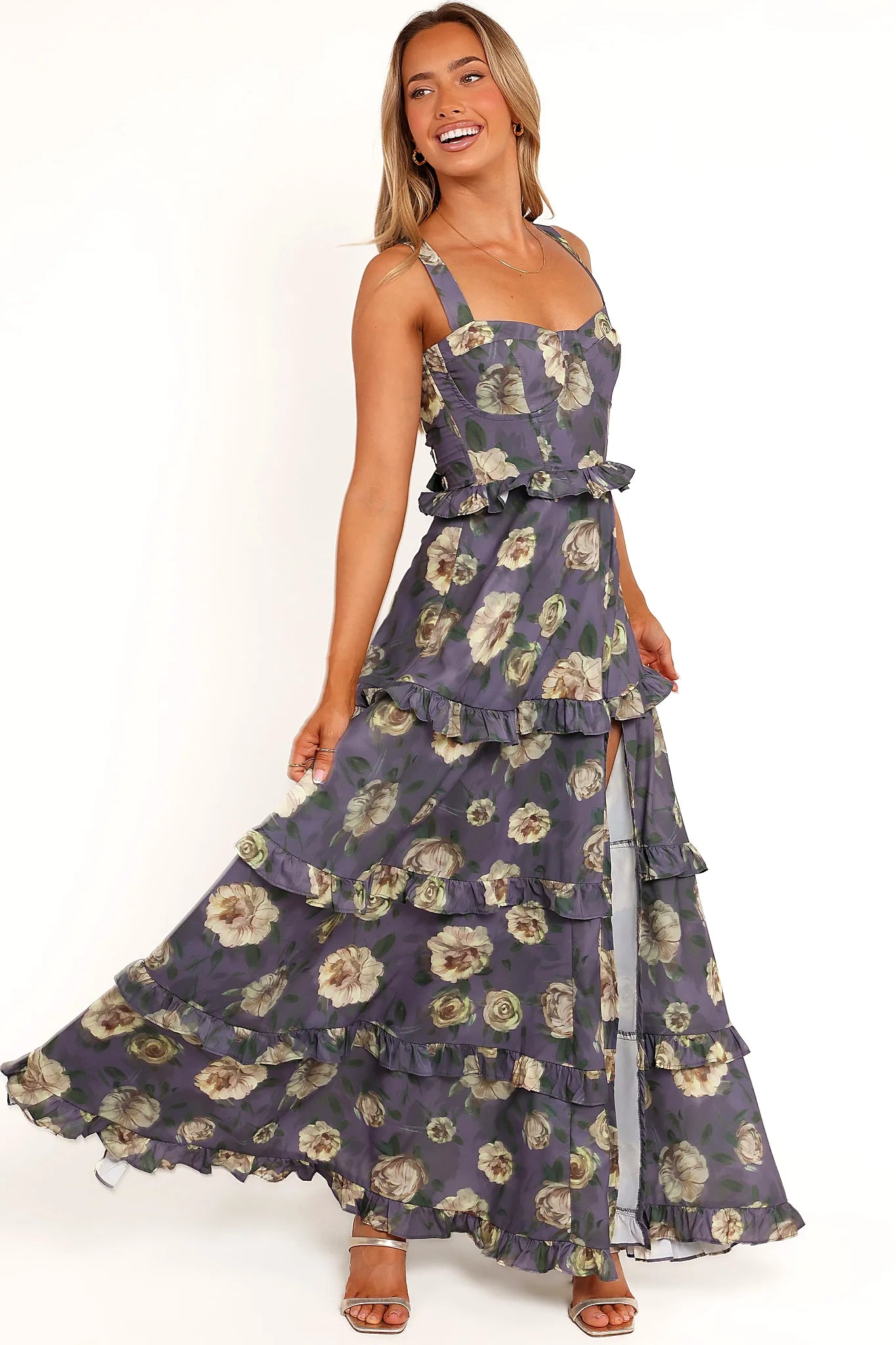 Lace up back feature on a lavender floral maxi dress