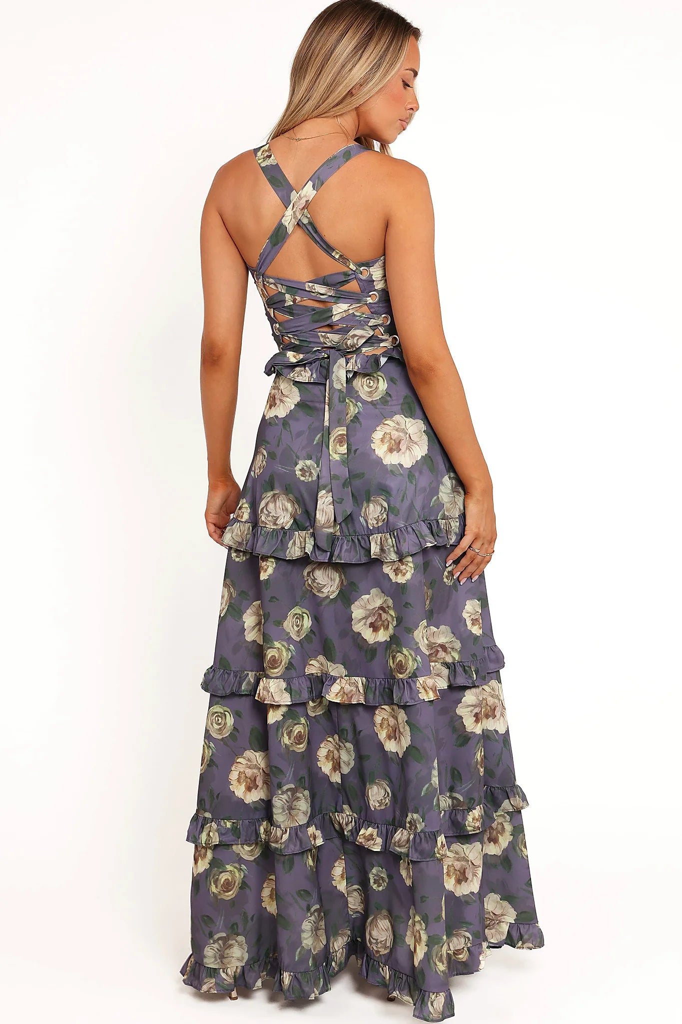 Ruffle detail and side split on a tiered lavender maxi dress