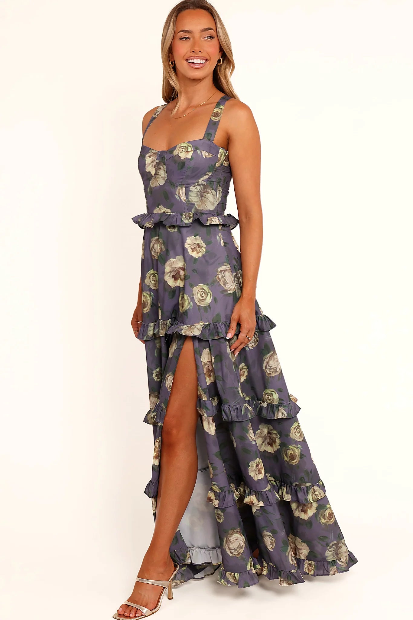 Full length view of a lavender floral tiered maxi dress