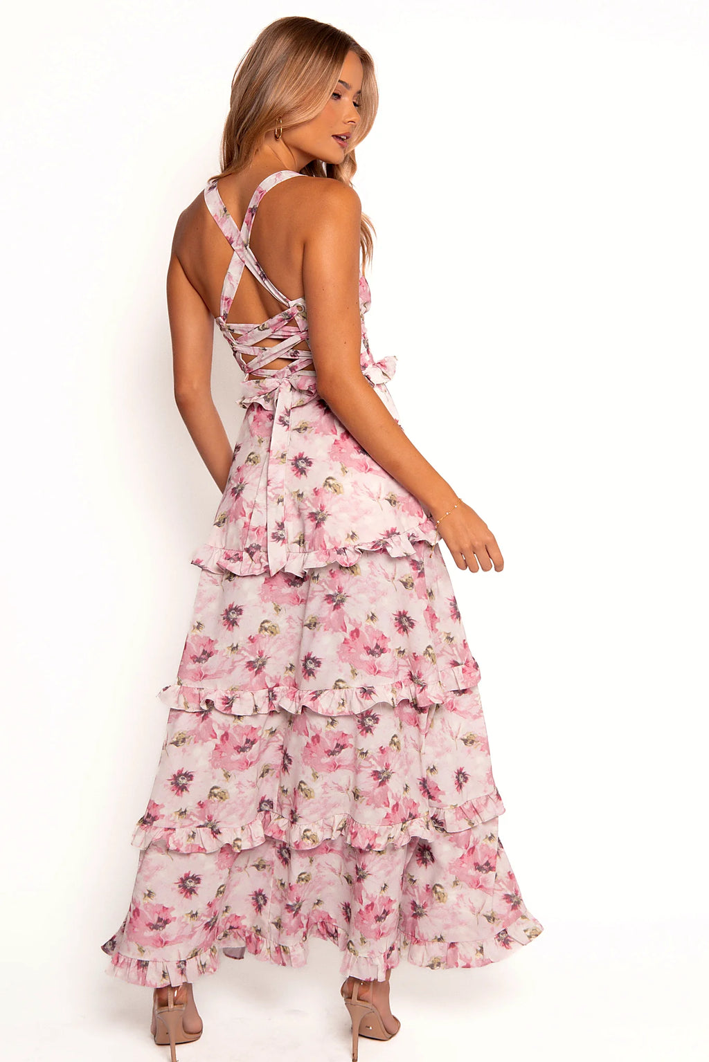 Ruffle detail and side split on a pink tiered maxi dress