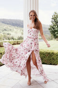 Pink bloom tiered maxi dress with a sweetheart neckline and tie shoulder straps