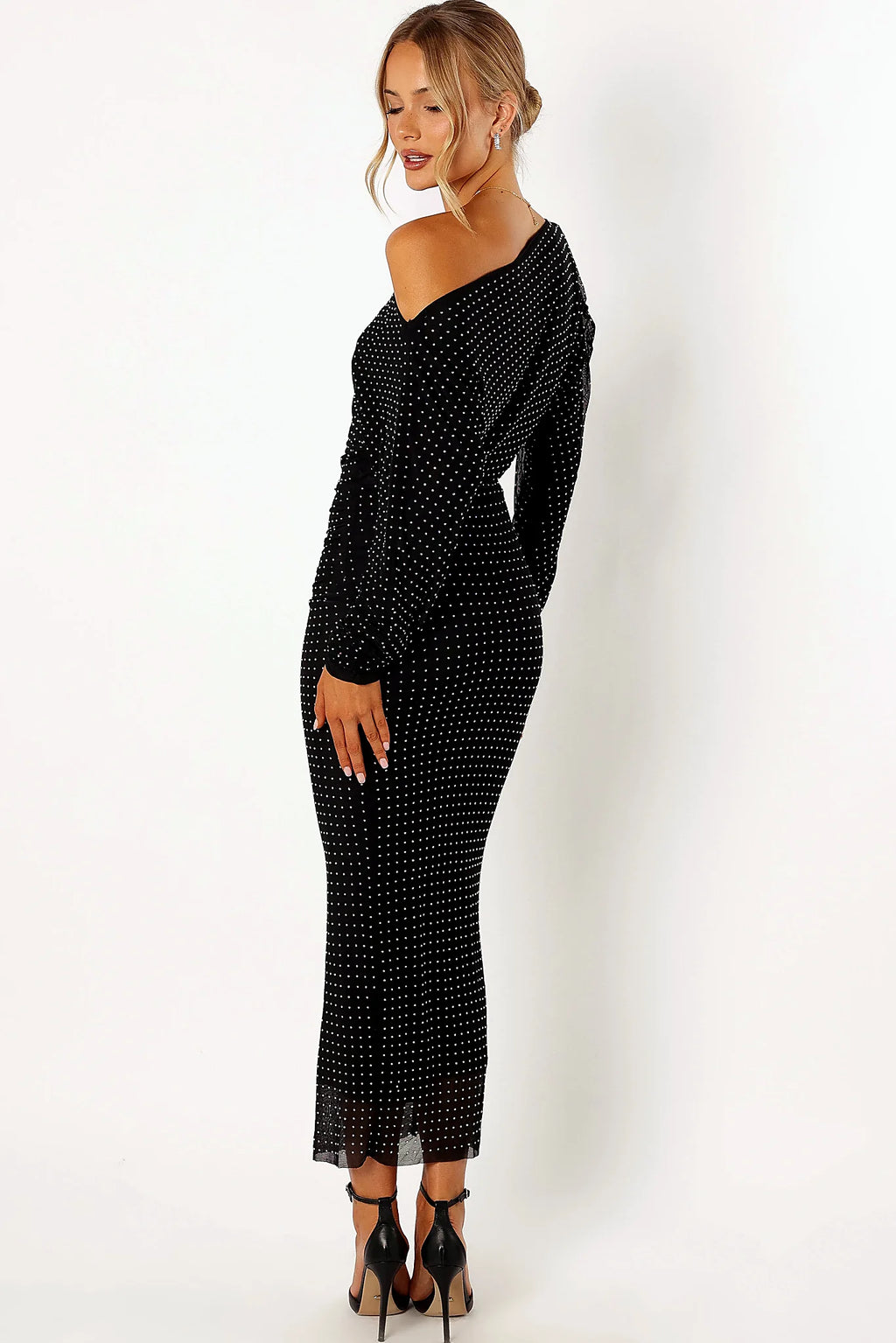 Diamante detail on a black pull on midi dress