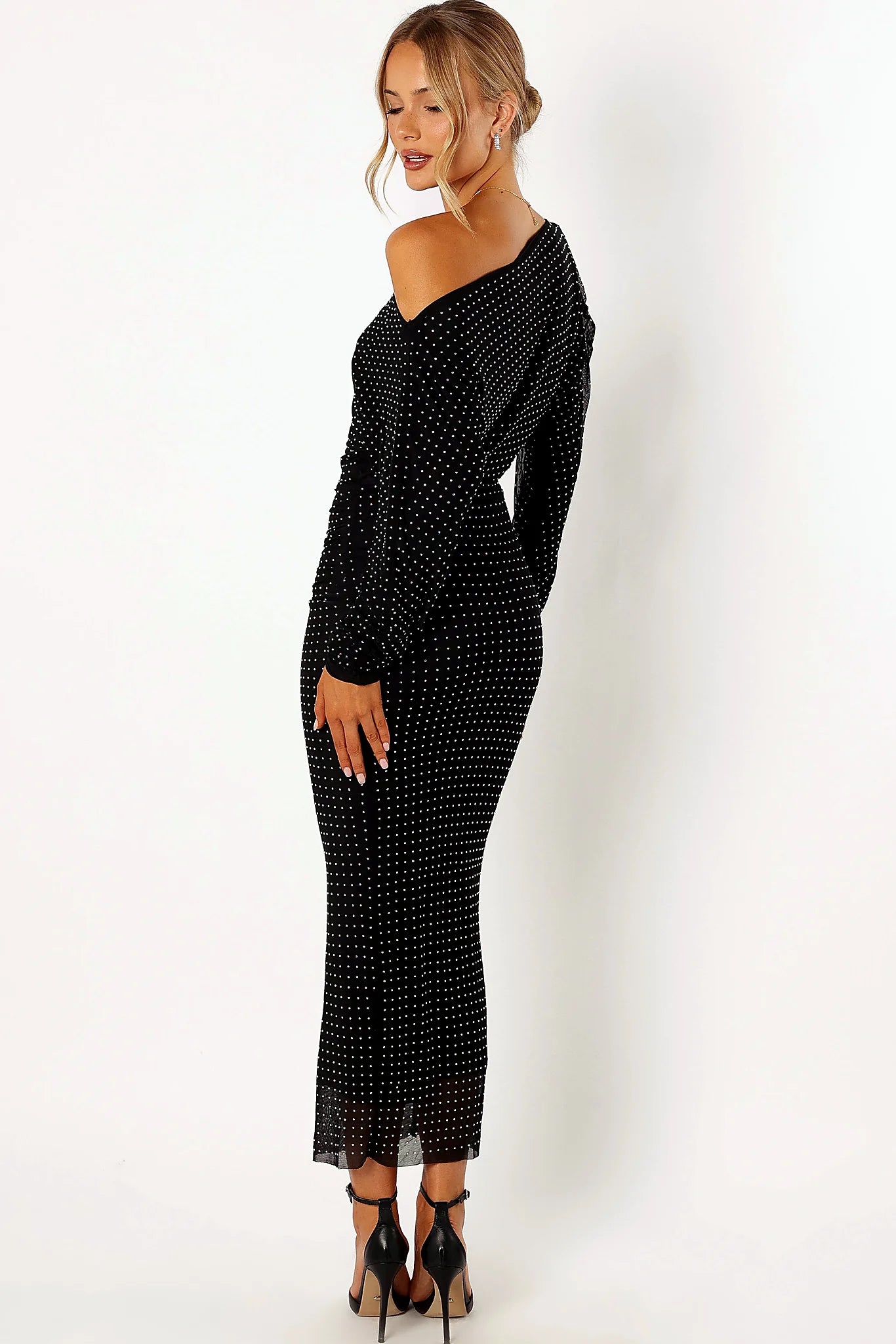 Diamante detail on a black pull on midi dress