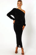 Black midi dress with embellished diamantes and an asymmetric neckline