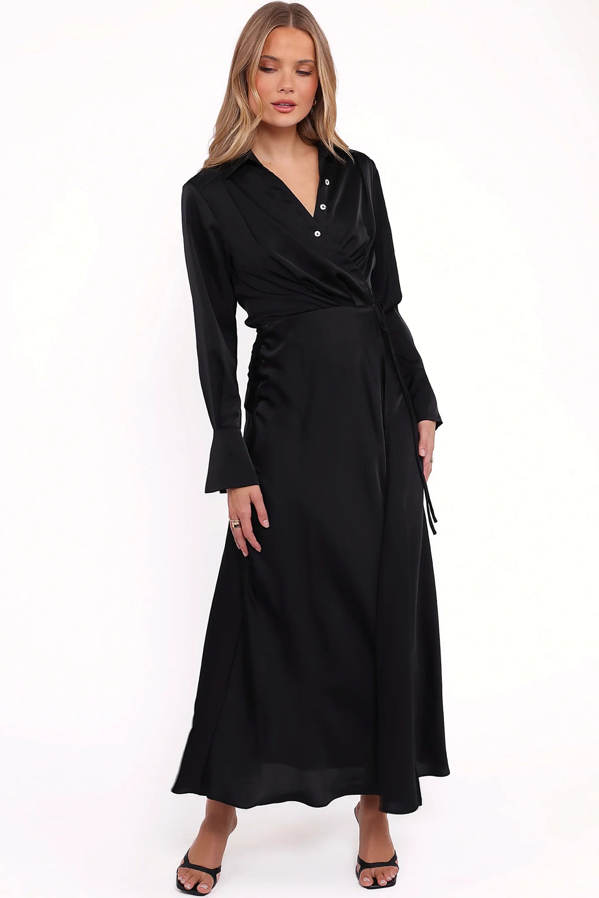 Black satin maxi dress with a spread collar and V overlay neckline