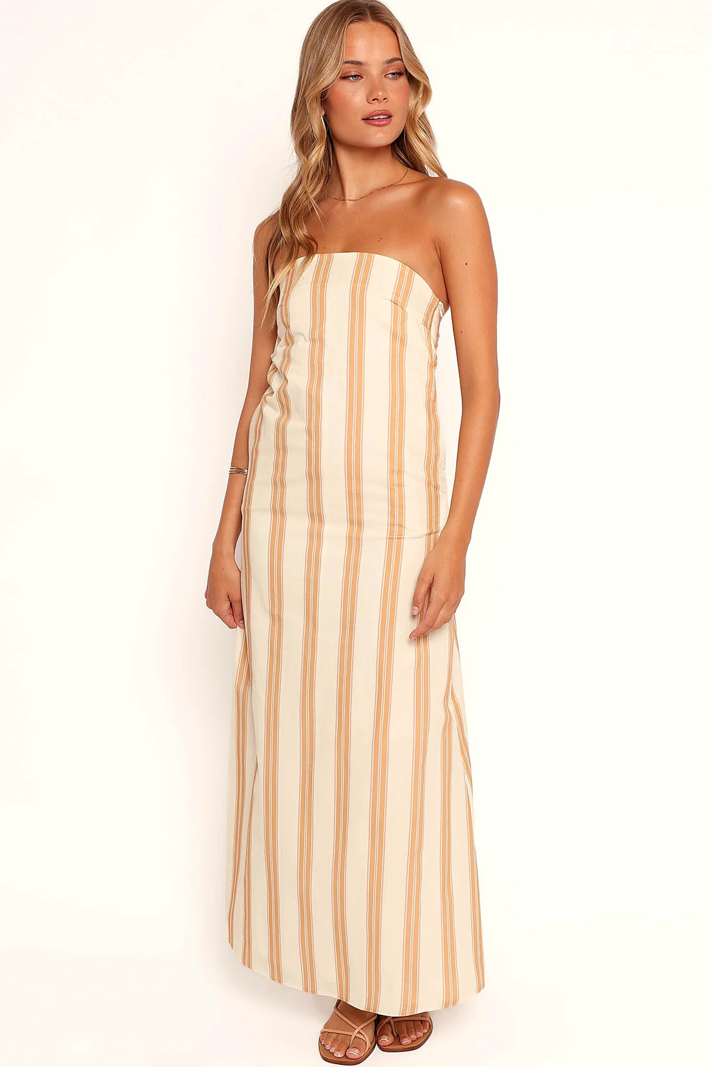Side pocket detail on a brown striped midi dress