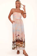 Sunset print strapless midi dress with a straight neckline